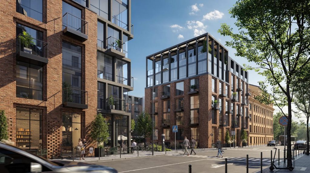 Lāčplēša Skvērs (Lāčplēša iela 74, 76A, 76, 76B, Visvalža iela 5, 5A, 5B, 5C, 5D, 5E) - Food store, Health center, Multi apartment, Office center - visualization