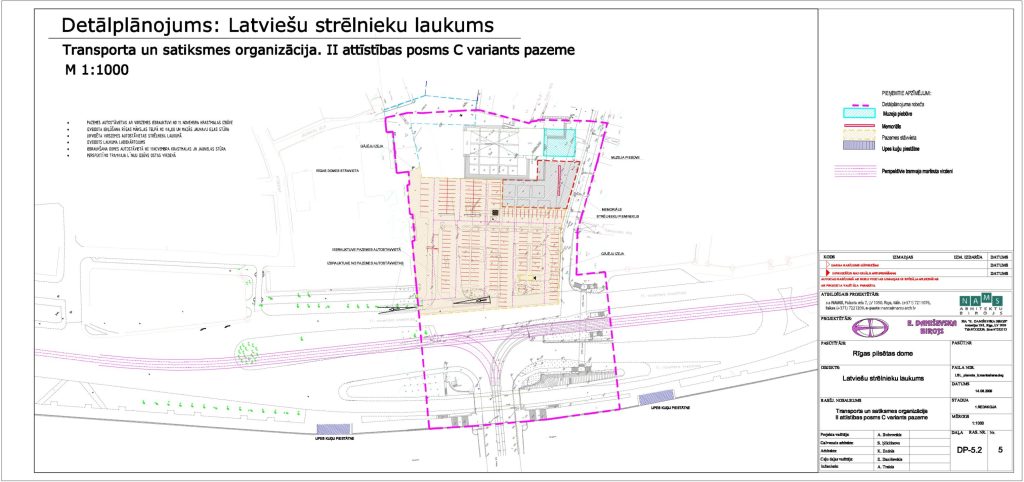 Latviešu strēlnieku laukuma teritorijas detālplānojums un transporta un satiksmes organizācija. II attīstības posms (11. novembra krastmala) - Stovėjimo aikštelė, Geležinkelis, Kelias - vizualizacija