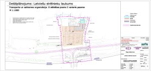 Latviešu strēlnieku laukuma teritorijas detālplānojums un transporta un satiksmes organizācija. II attīstības posms (11. novembra krastmala) - Parking facility, Railroad, Road
