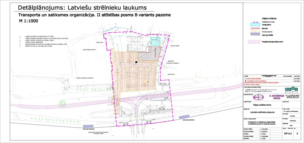 Latviešu strēlnieku laukuma teritorijas detālplānojums un transporta un satiksmes organizācija. II attīstības posms (11. novembra krastmala) - Stovėjimo aikštelė, Geležinkelis, Kelias - vizualizacija