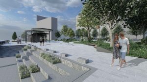 Daugavas promenādes sākuma laukuma labiekārtojums un informācijas centra ēka vizualizācija