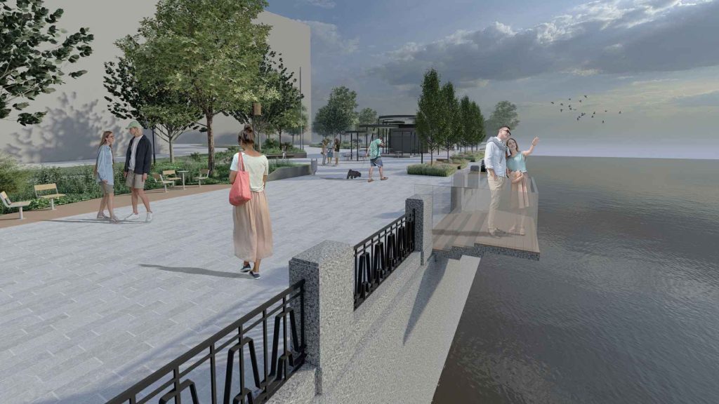 Daugavas promenādes sākuma laukuma labiekārtojums un informācijas centra ēka (Zaķusalas krastmala) - Kita institucija, Kita atvira erdvė, Pėsčiųjų takas - vizualizacija