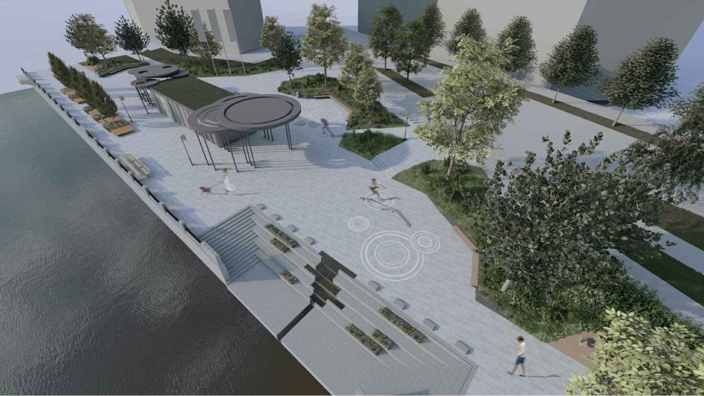 Daugavas promenādes sākuma laukuma labiekārtojums un informācijas centra ēka (Zaķusalas krastmala) - Kita institucija, Kita atvira erdvė, Pėsčiųjų takas - vizualizacija