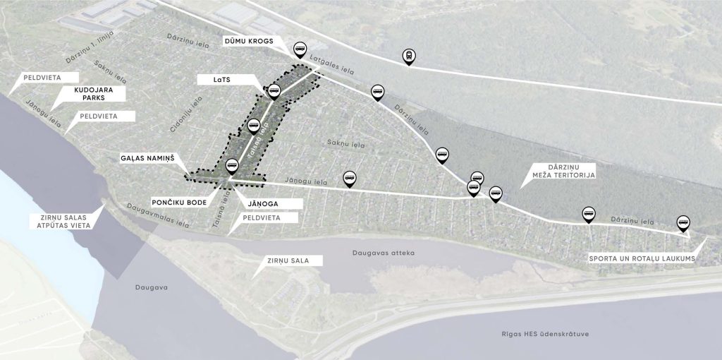 Apkaimes centrs - Dārziņi (Dārziņi) - Cita atvērta telpa, Parks, Iela - vizualizācija