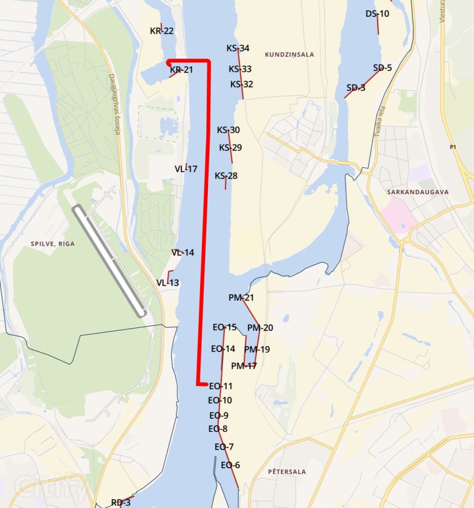 Prāmju satiksme starp Bolderāju un Vecmīlgrāvi (Voleru piestātne KR21, Daugavgrīvas iela, Sarkandaugavas piestātne EO11, Uriekstes iela) - Waterway - visualization